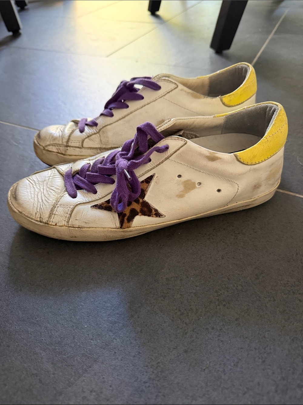 Golden Goose White Sneakers with Leopard Star, Purple Laces and Yellow Heel
